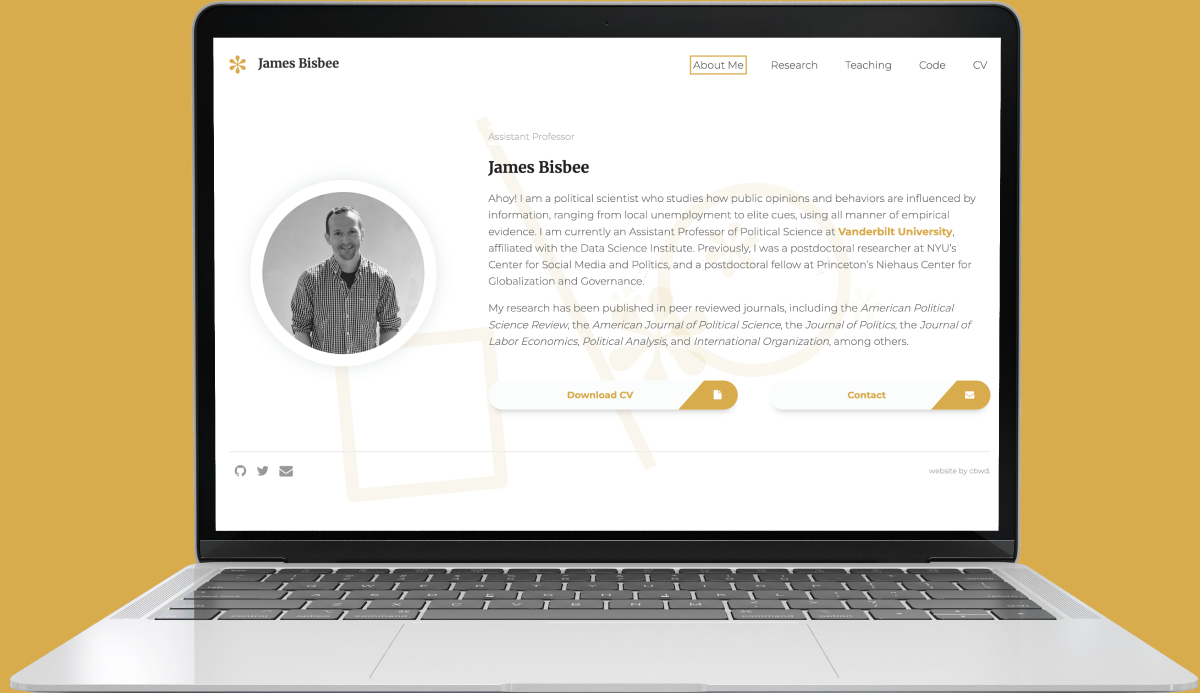 James Bisbee home page viewed on laptop