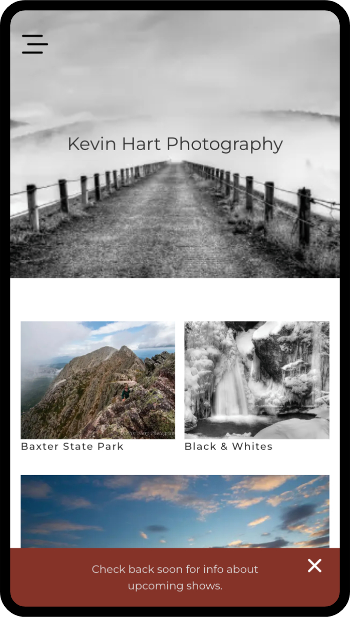 Kevin Hart Photography home page viewed with a phone