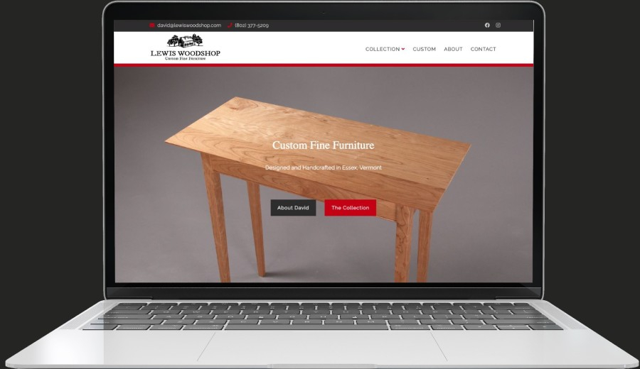 Lewis Woodshop home page viewed on laptop