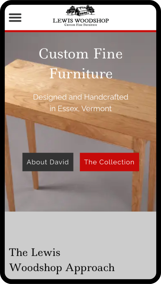 Lewis Woodshop home page viewed with a phone