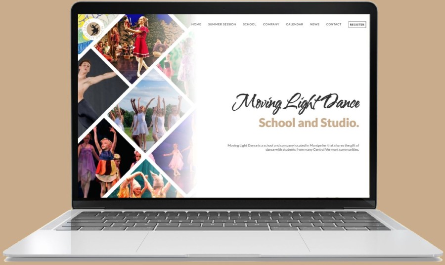 Moving Light Dance home page viewed on laptop