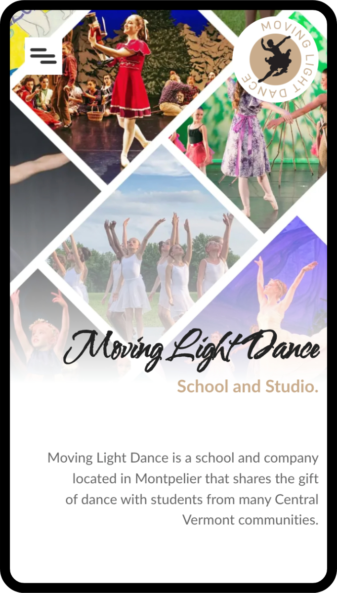 Moving Light Dance home page viewed with a phone