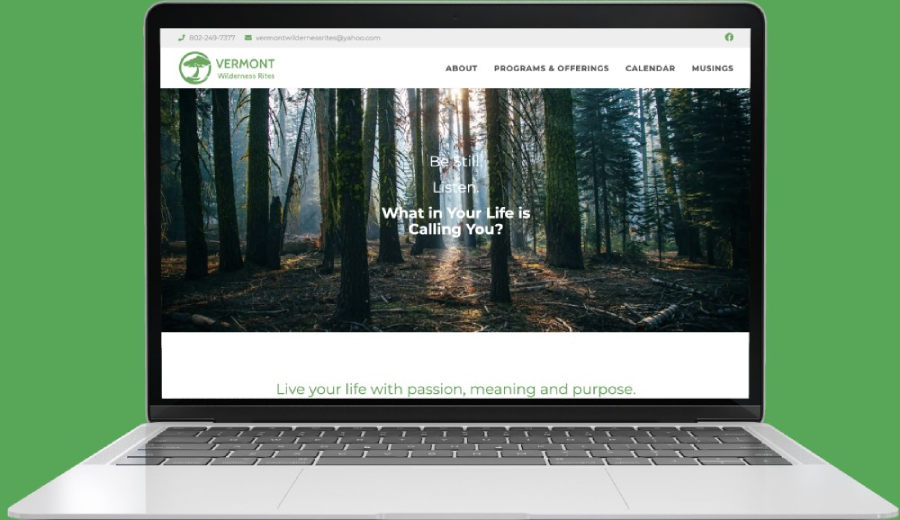 Vermont Wilderness Rites home page viewed on laptop