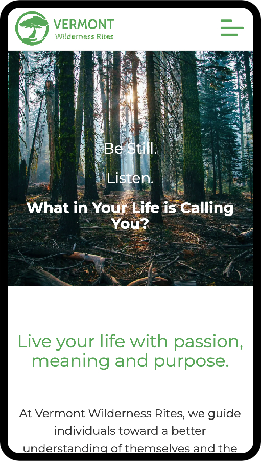 Vermont Wilderness Rites home page viewed with a phone