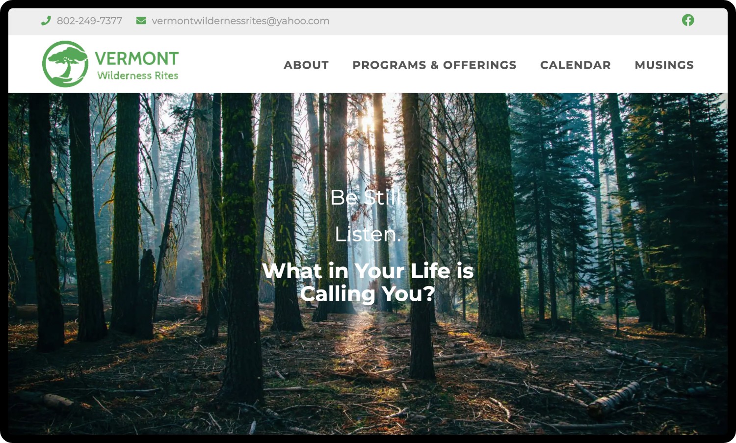 Vermont Wilderness Rites website tablet